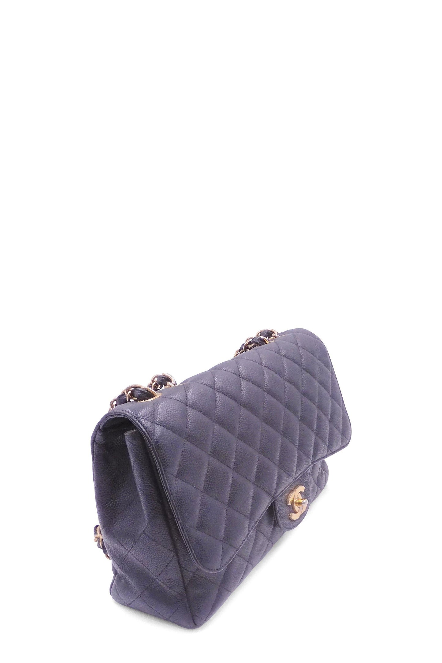 Quilted Caviar Jumbo Classic Single Flap Bag Black with Gold Hardware