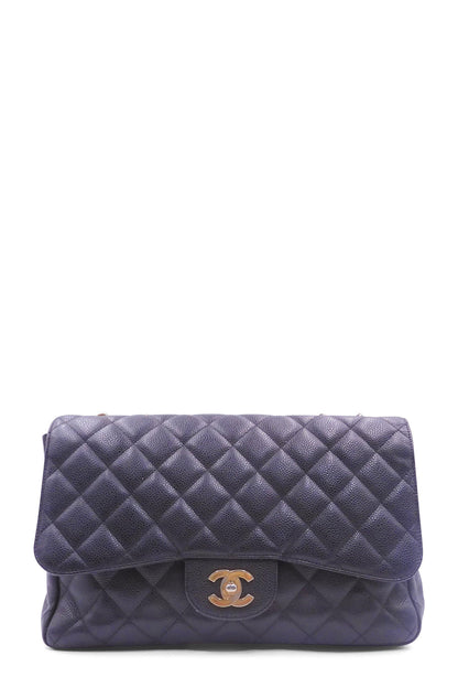 Quilted Caviar Jumbo Classic Single Flap Bag Black with Gold Hardware