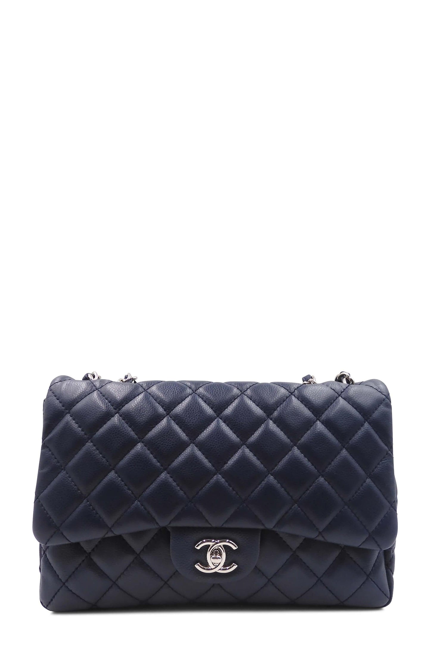 Quilted Caviar Jumbo Classic Single Flap Bag with Silver Hardware Blue
