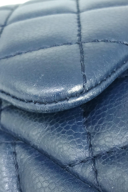 Quilted Caviar Jumbo Classic Single Flap Bag with Silver Hardware Blue