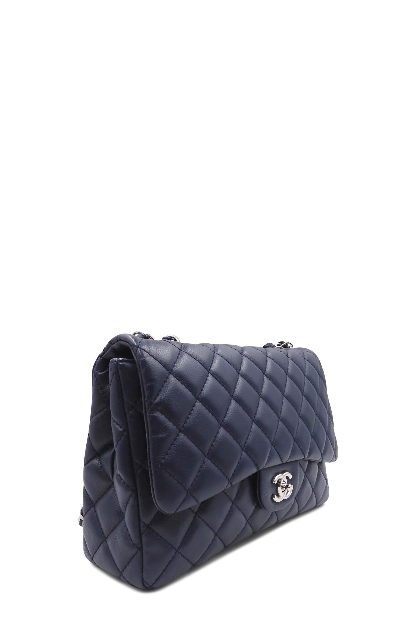 Quilted Caviar Jumbo Classic Single Flap Bag with Silver Hardware Blue
