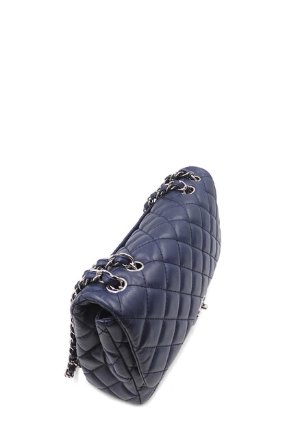 Quilted Caviar Jumbo Classic Single Flap Bag with Silver Hardware Blue