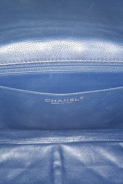 Quilted Caviar Jumbo Classic Single Flap Bag with Silver Hardware Blue