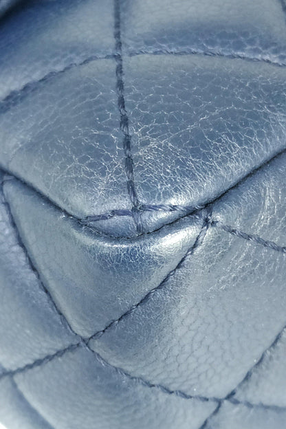 Quilted Caviar Jumbo Classic Single Flap Bag with Silver Hardware Blue