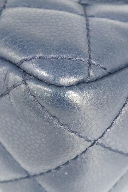 Quilted Caviar Jumbo Classic Single Flap Bag with Silver Hardware Blue