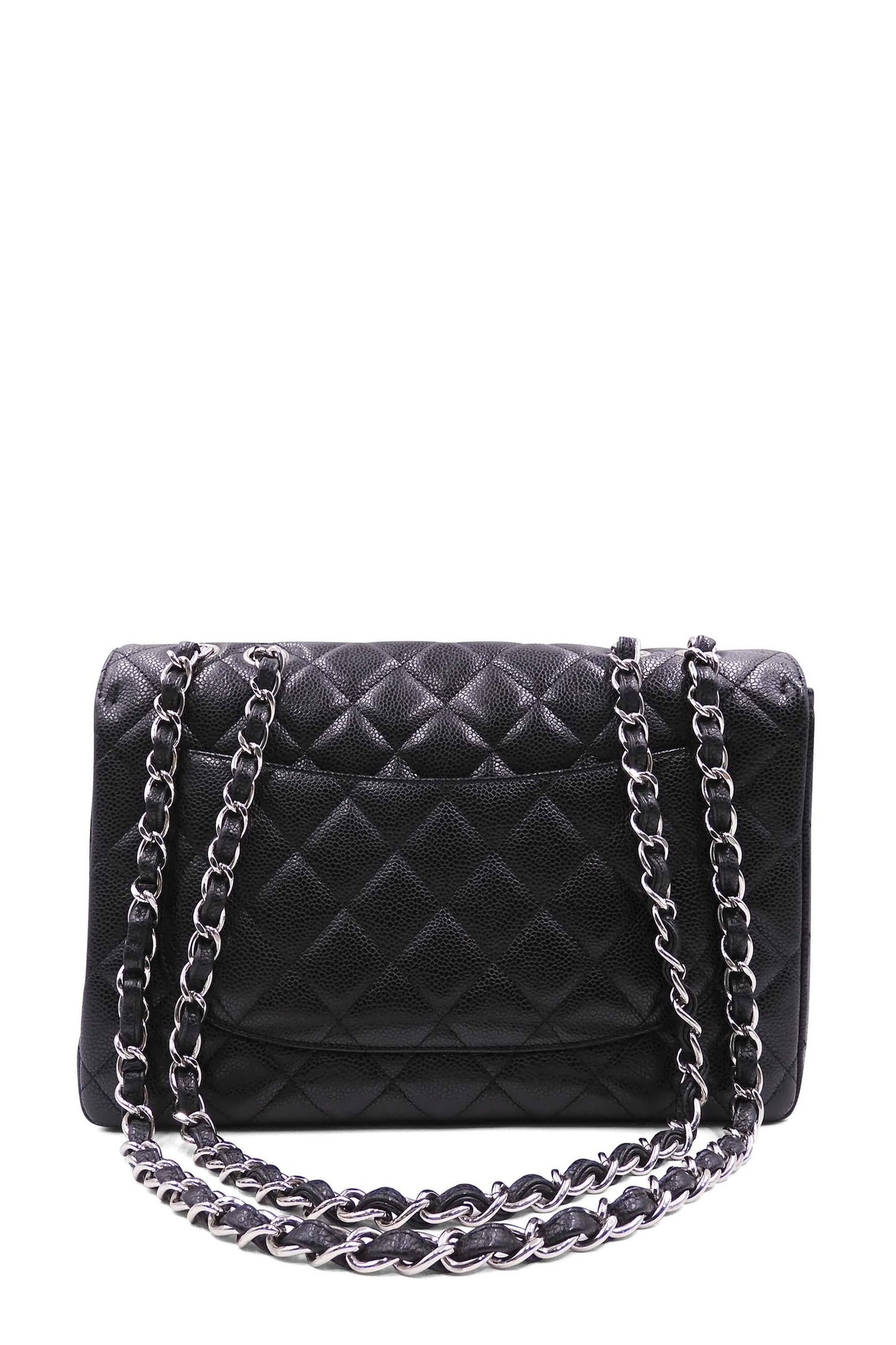 Quilted Caviar Jumbo Classic Single Flap Bag with Silver Hardware Black
