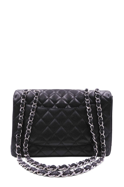 Quilted Caviar Jumbo Classic Single Flap Bag with Silver Hardware Black