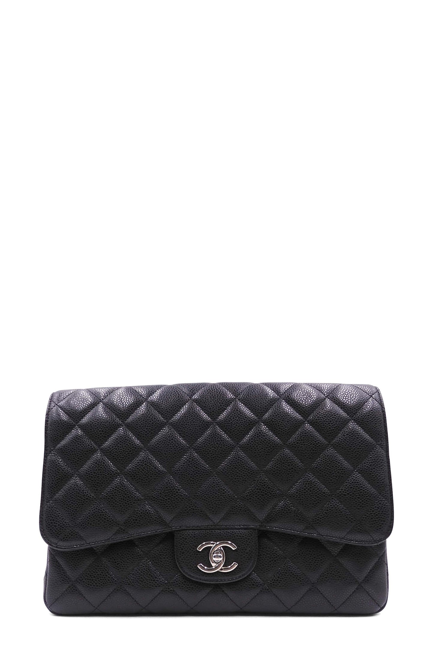 Quilted Caviar Jumbo Classic Single Flap Bag with Silver Hardware Black