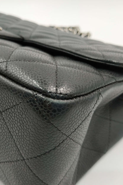 Quilted Caviar Jumbo Classic Single Flap Bag with Silver Hardware Black