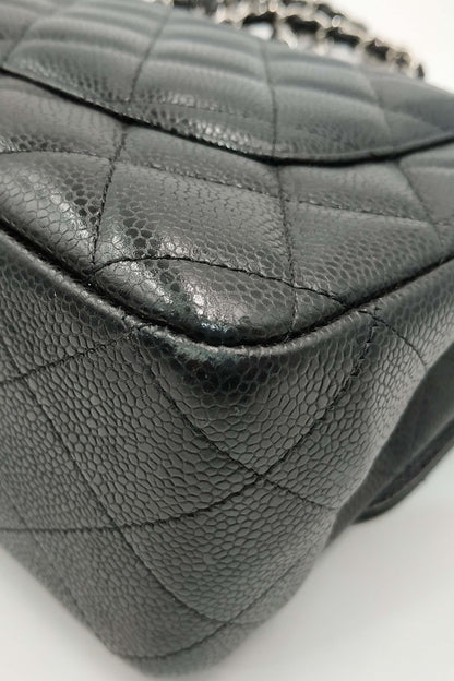 Quilted Caviar Jumbo Classic Single Flap Bag with Silver Hardware Black