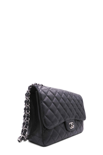Quilted Caviar Jumbo Classic Single Flap Bag with Silver Hardware Black