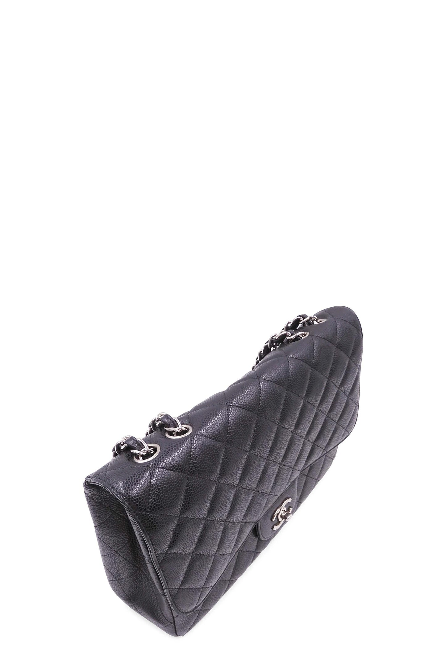 Quilted Caviar Jumbo Classic Single Flap Bag with Silver Hardware Black
