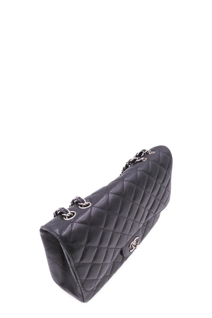 Quilted Caviar Jumbo Classic Single Flap Bag with Silver Hardware Black