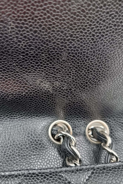 Quilted Caviar Jumbo Classic Single Flap Bag with Silver Hardware Black