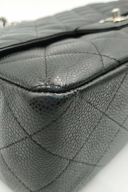 Quilted Caviar Jumbo Classic Single Flap Bag with Silver Hardware Black