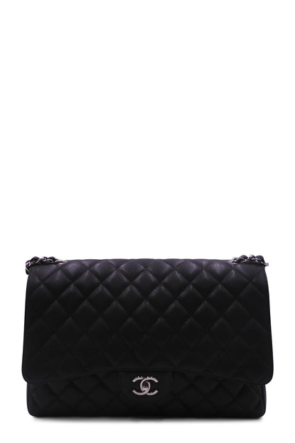 Quilted Caviar Jumbo Classic Single Flap Bag Black with Silver Hardware Black