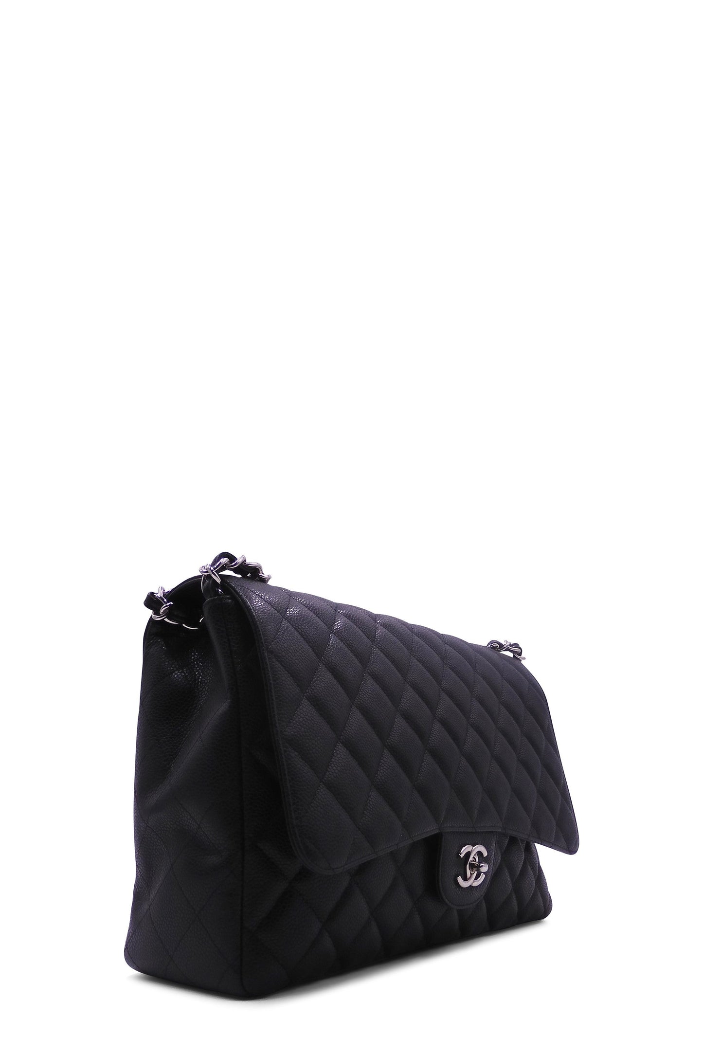 Quilted Caviar Jumbo Classic Single Flap Bag Black with Silver Hardware Black