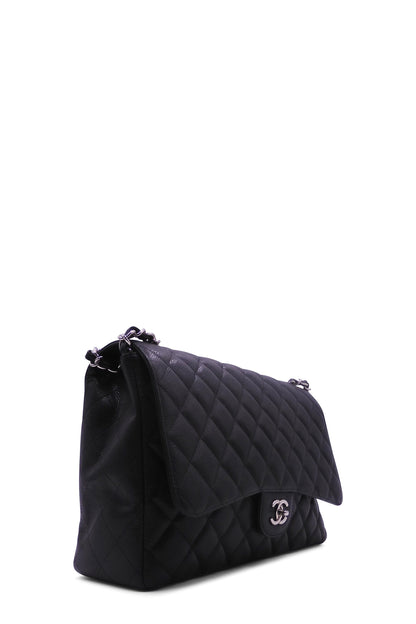 Quilted Caviar Jumbo Classic Single Flap Bag Black with Silver Hardware Black