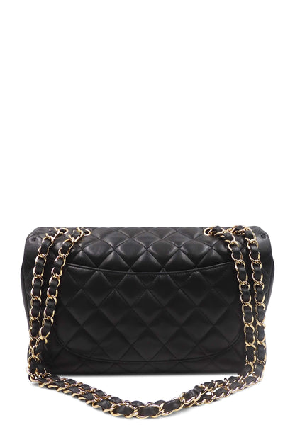 Quilted Lambskin Jumbo Classic SIngle Flap Bag with Gold Hardware Black