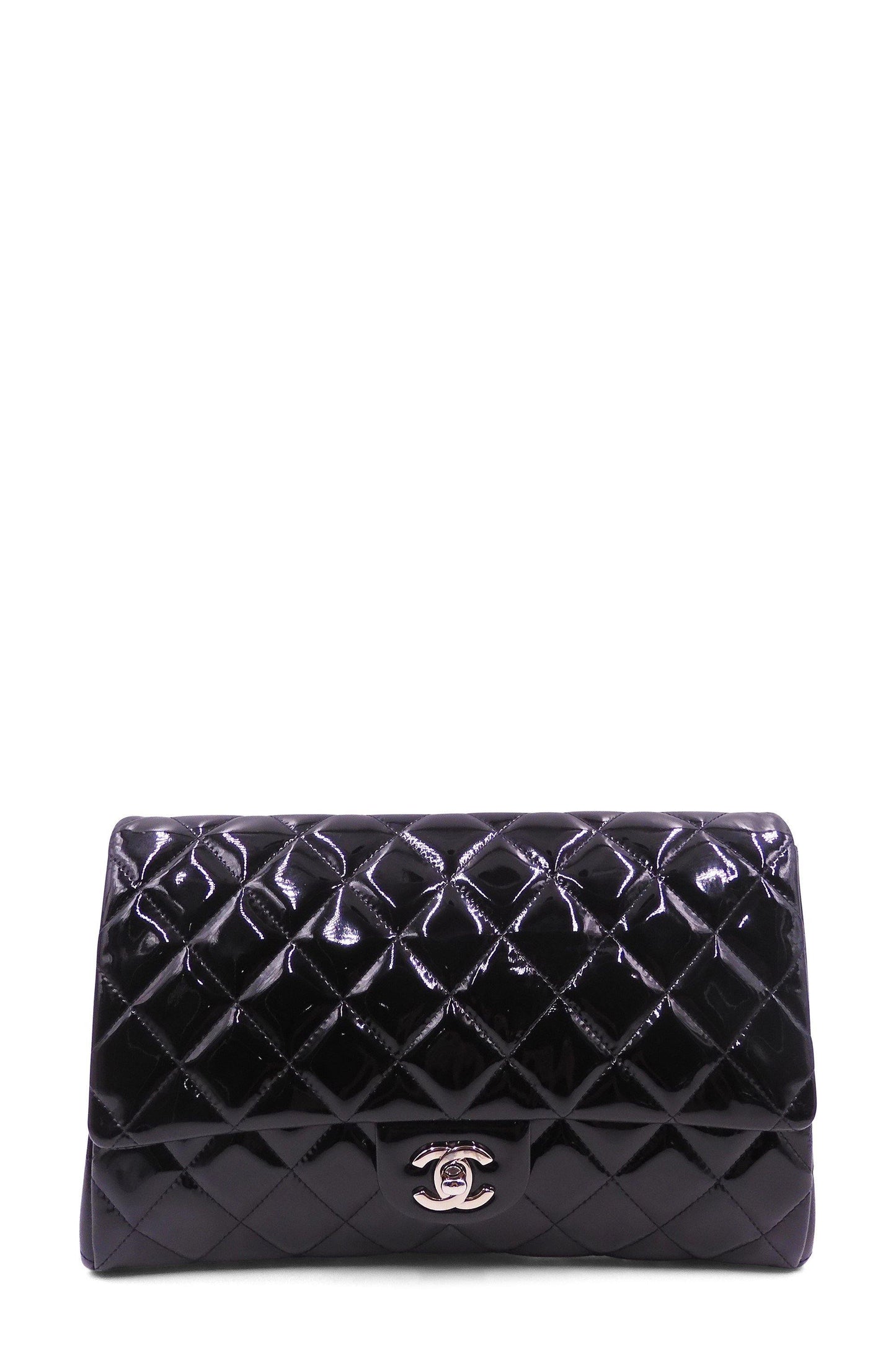 Quilted Patent Clutch on Chain Black