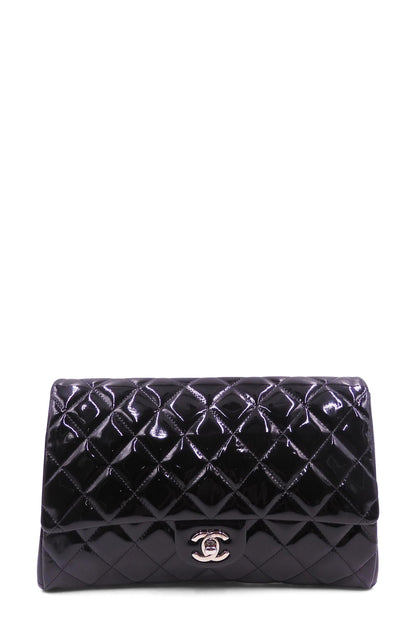 Quilted Patent Clutch on Chain Black