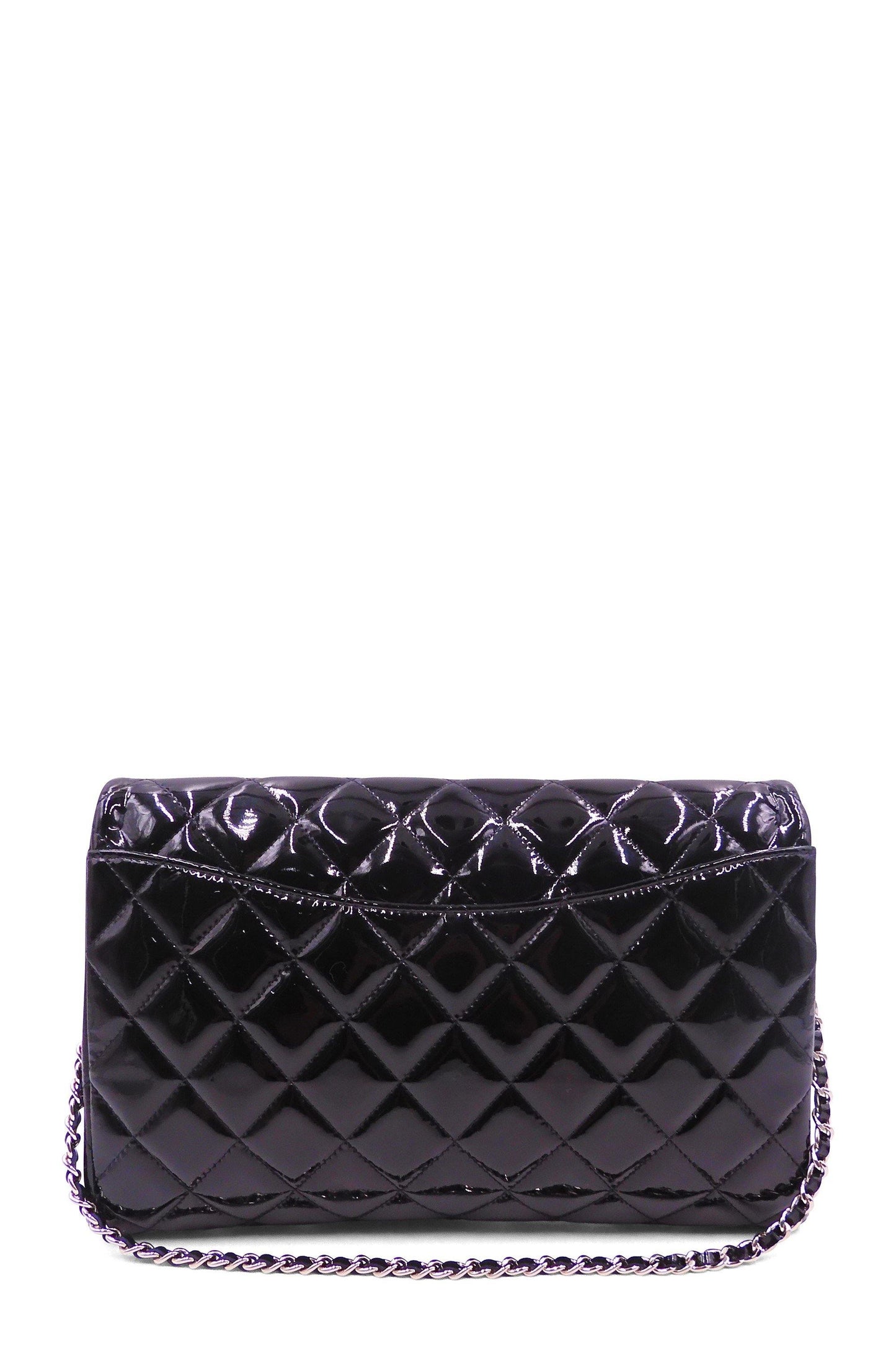 Quilted Patent Clutch on Chain Black