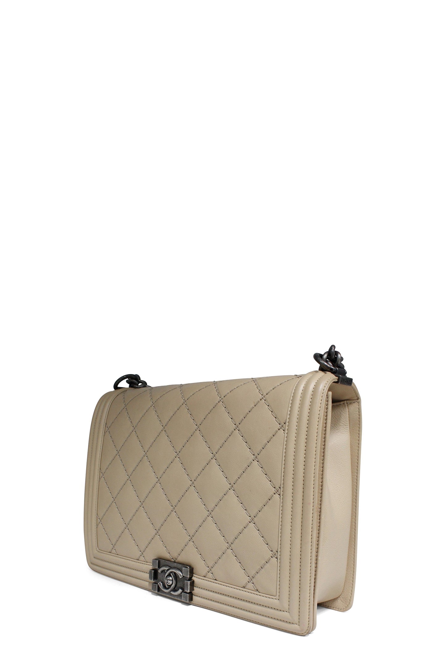Quilted Stitch Large Boy Bag with Ruthenium Hardware Beige