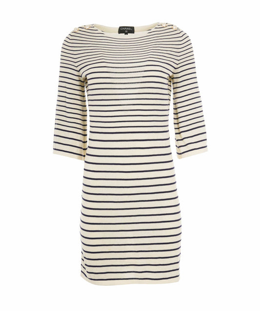 Chanel 17 Cream & Navy Striped Pearl CC Fine Knit Boat Neck Dress ALC1857