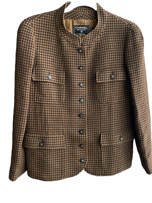 Chanel 1996A Sz 44 Brown Houndstooth Tweed Jacket DXBK0201