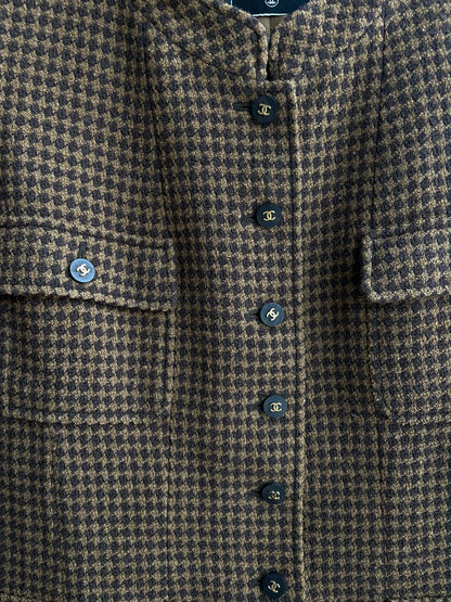 Chanel 1996A Sz 44 Brown Houndstooth Tweed Jacket DXBK0201