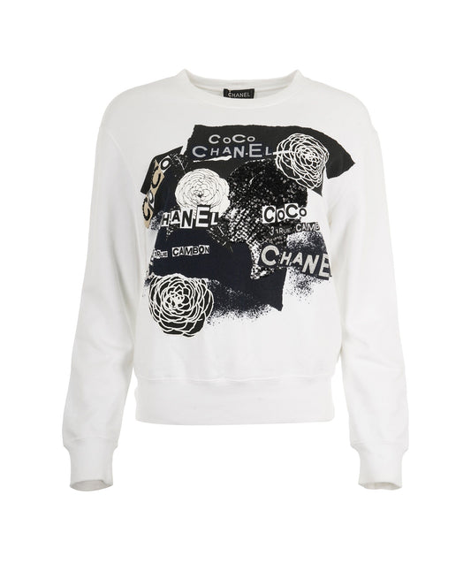 DAMAGED - Chanel 20P White Logo Coco Graphic Applique Sweatshirt BNWT ALC1888