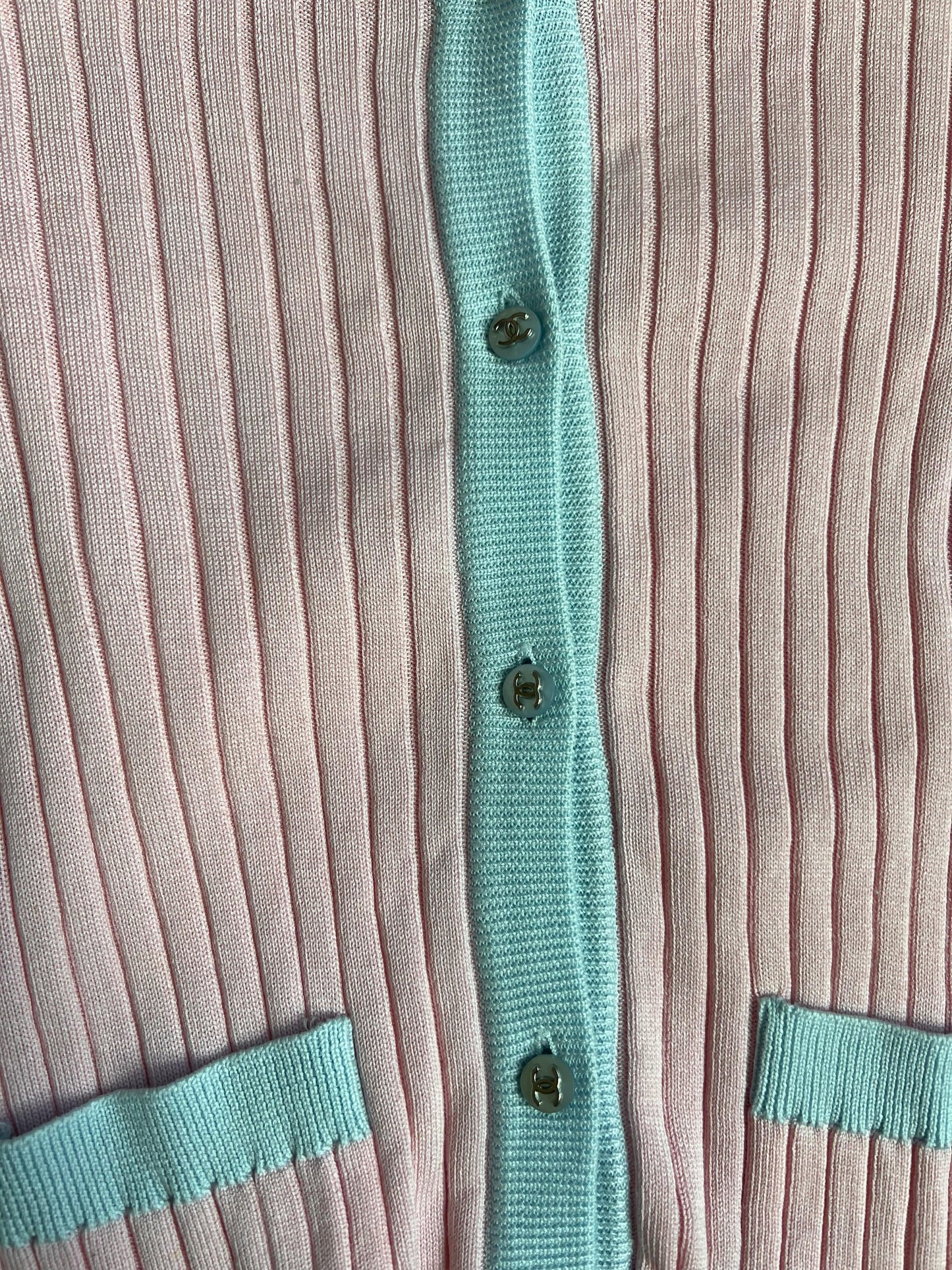Chanel CC Button Rib Cardigan Pink Blue - ASL10660