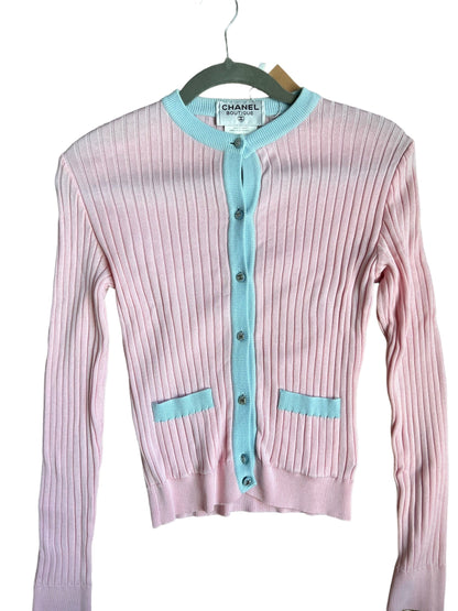 Chanel CC Button Rib Cardigan Pink Blue - ASL10660