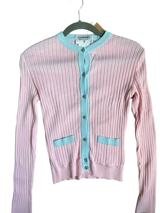 Chanel CC Button Rib Cardigan Pink Blue - ASL10660