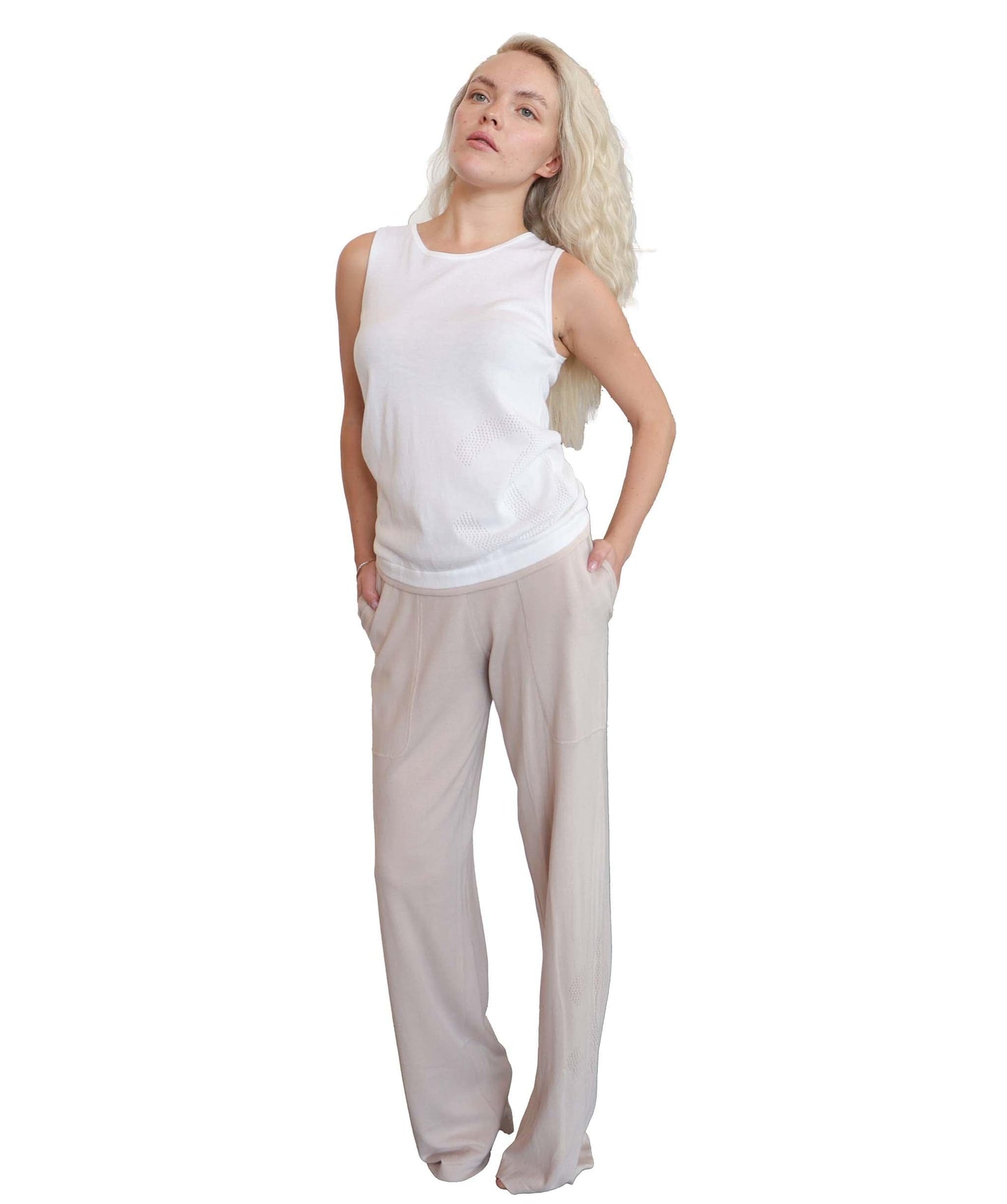 Chanel Tank Pants Set White Beige DXBS0219