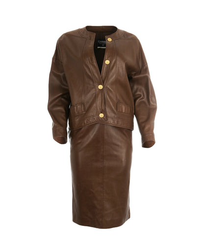 Chanel Vintage Brown Leather Set Jacket + Skirt  ALC1694