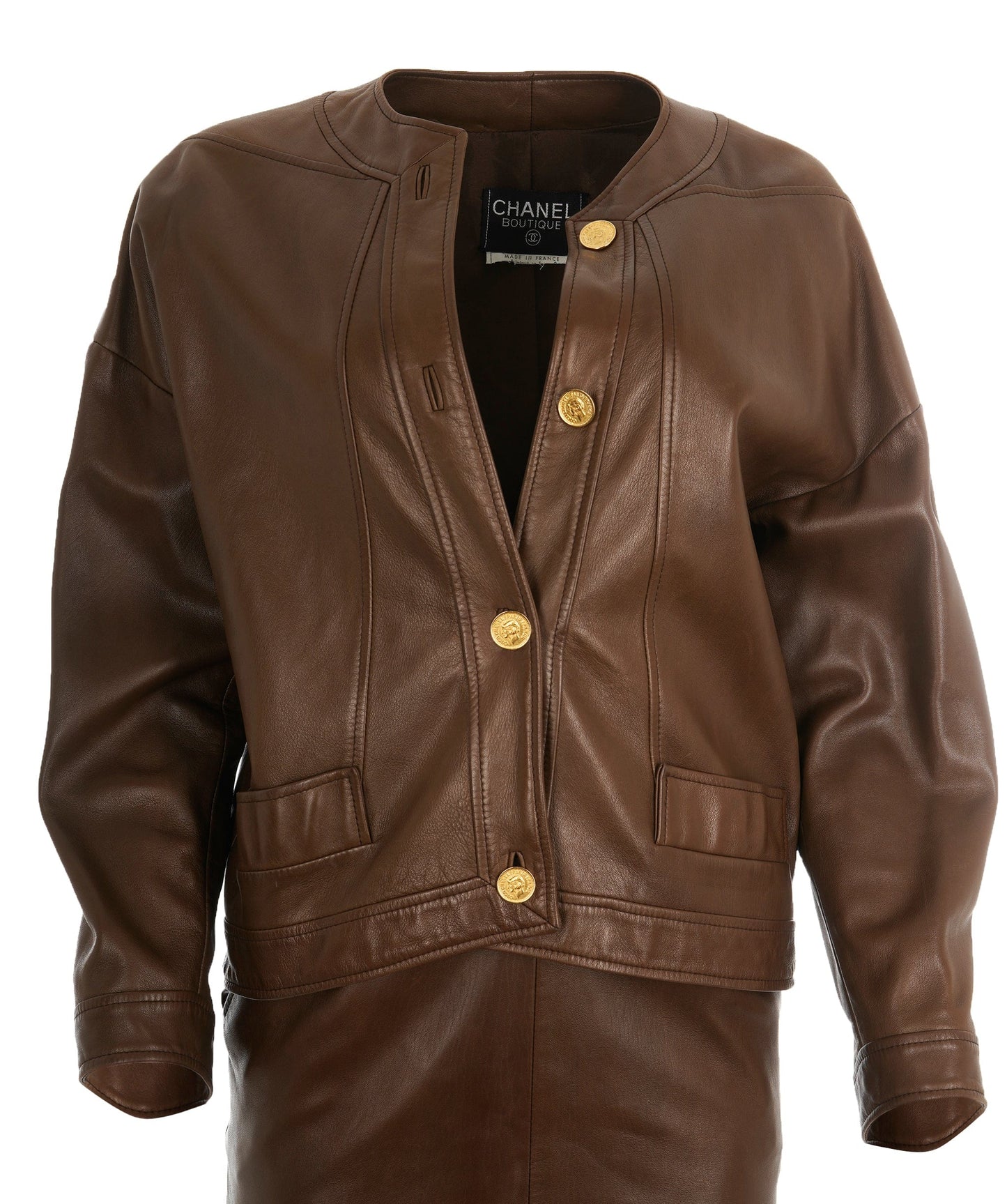 Chanel Vintage Brown Leather Set Jacket + Skirt  ALC1694