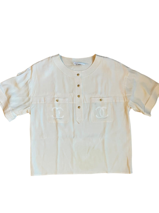 Chanel Vintage Cream Blouse with Logo Pocket Sz 42 DXBK0196