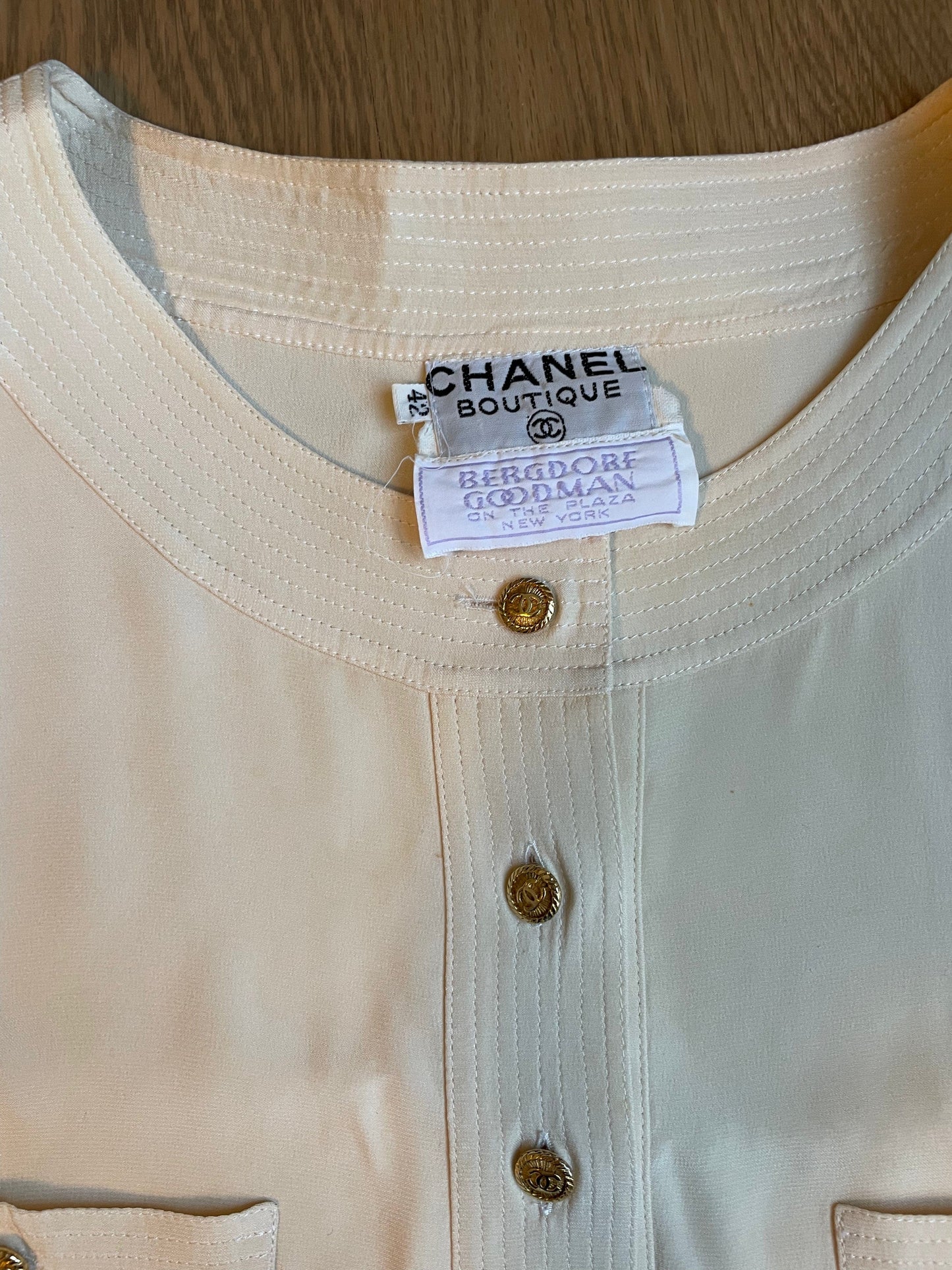 Chanel Vintage Cream Blouse with Logo Pocket Sz 42 DXBK0196