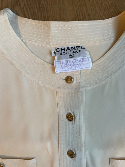 Chanel Vintage Cream Blouse with Logo Pocket Sz 42 DXBK0196
