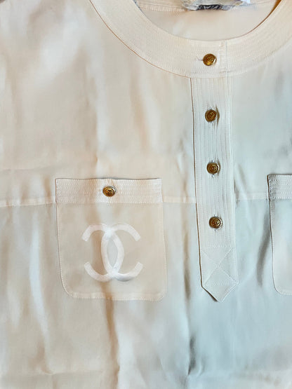 Chanel Vintage Cream Blouse with Logo Pocket Sz 42 DXBK0196