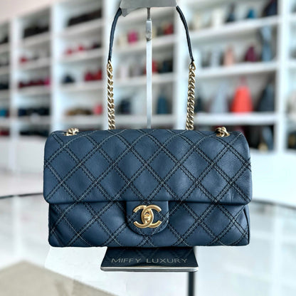 Seasonal Flap Iridescent Stitch Quilted Leather Bag Navy Blue GHW No 19