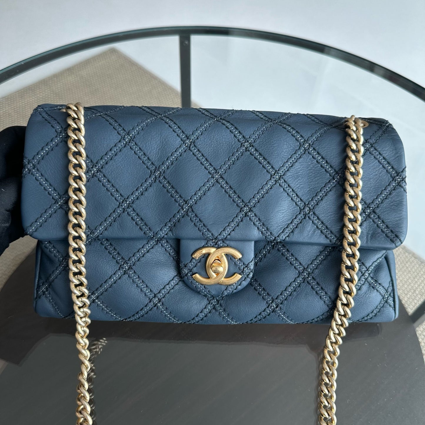 Seasonal Flap Iridescent Stitch Quilted Leather Bag Navy Blue GHW No 19