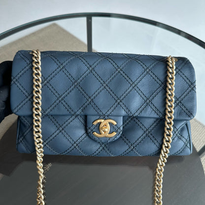 Seasonal Flap Iridescent Stitch Quilted Leather Bag Navy Blue GHW No 19
