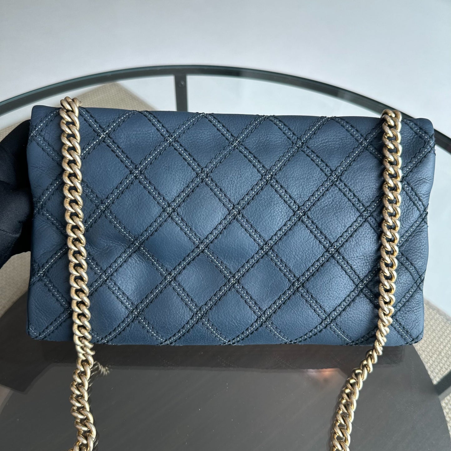 Seasonal Flap Iridescent Stitch Quilted Leather Bag Navy Blue GHW No 19