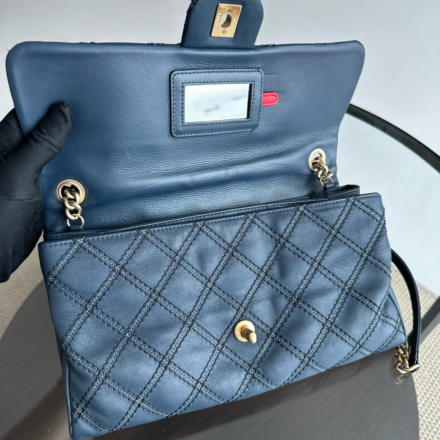 Seasonal Flap Iridescent Stitch Quilted Leather Bag Navy Blue GHW No 19