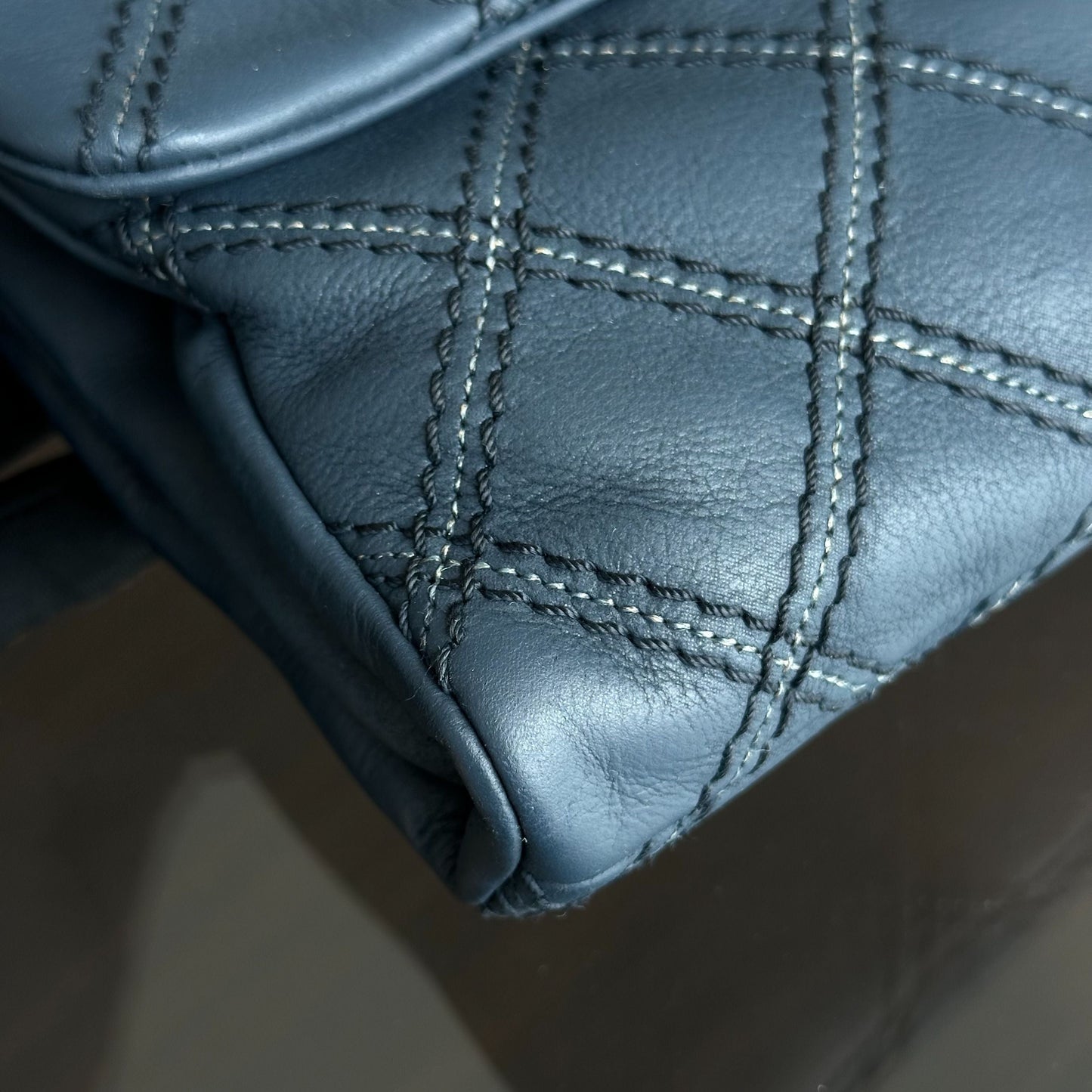 Seasonal Flap Iridescent Stitch Quilted Leather Bag Navy Blue GHW No 19