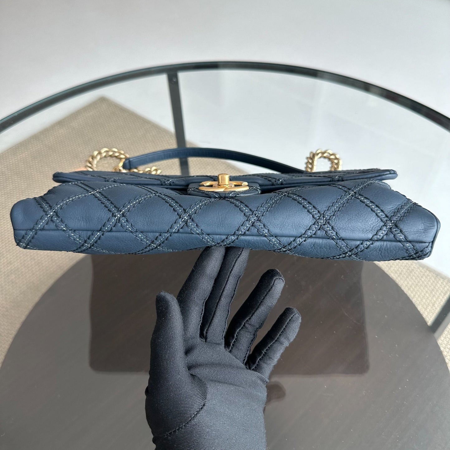 Seasonal Flap Iridescent Stitch Quilted Leather Bag Navy Blue GHW No 19