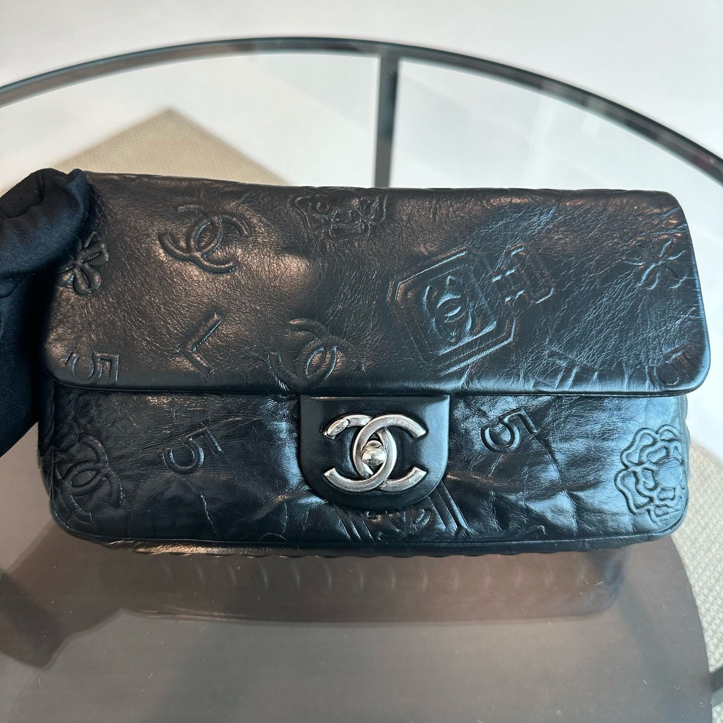 Seasonal Flap Previous Symbols Flap Bag Embossed Calfskin Black SHW No 19