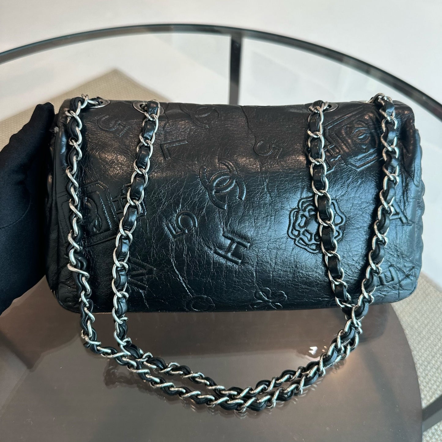 Seasonal Flap Previous Symbols Flap Bag Embossed Calfskin Black SHW No 19